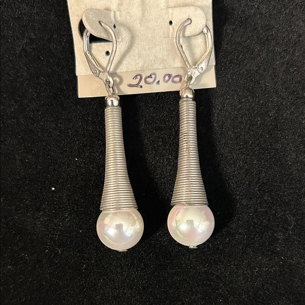 Silver and Pearl Drop Earrings - Picture 2 of 4